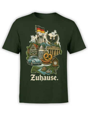 Dark green T-shirt with a vintage German collage of castles, mountains, pretzel, beer stein, classic car, and Zuhause text