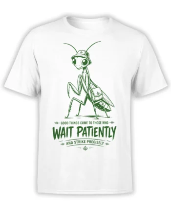 White T-shirt with a green praying mantis wearing a hat and backpack above a patience slogan