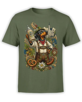 Black-and-tan hound holding a decorated beer stein on an olive green T-shirt with castle artwork