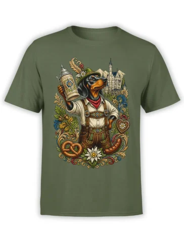 Black-and-tan hound holding a decorated beer stein on an olive green T-shirt with castle artwork