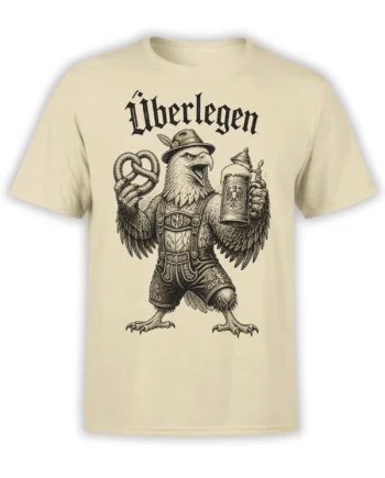 Beige T-shirt with a detailed Bavarian eagle holding a pretzel and beer stein beneath Gothic lettering