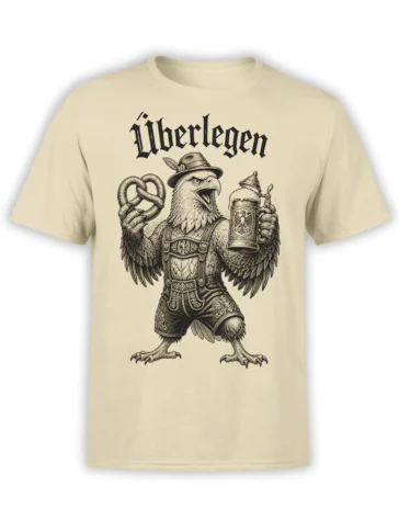 Beige T-shirt with a detailed Bavarian eagle holding a pretzel and beer stein beneath Gothic lettering