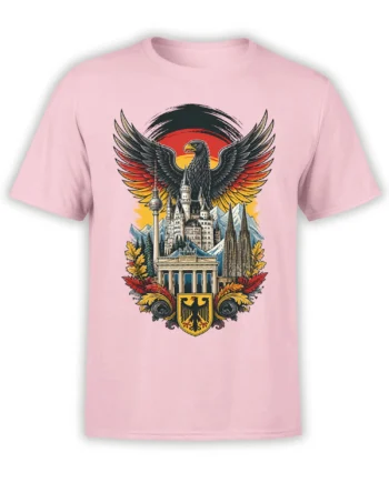 German heritage T-shirt with a black eagle, landmarks, mountains, and gold shield on a pink shirt