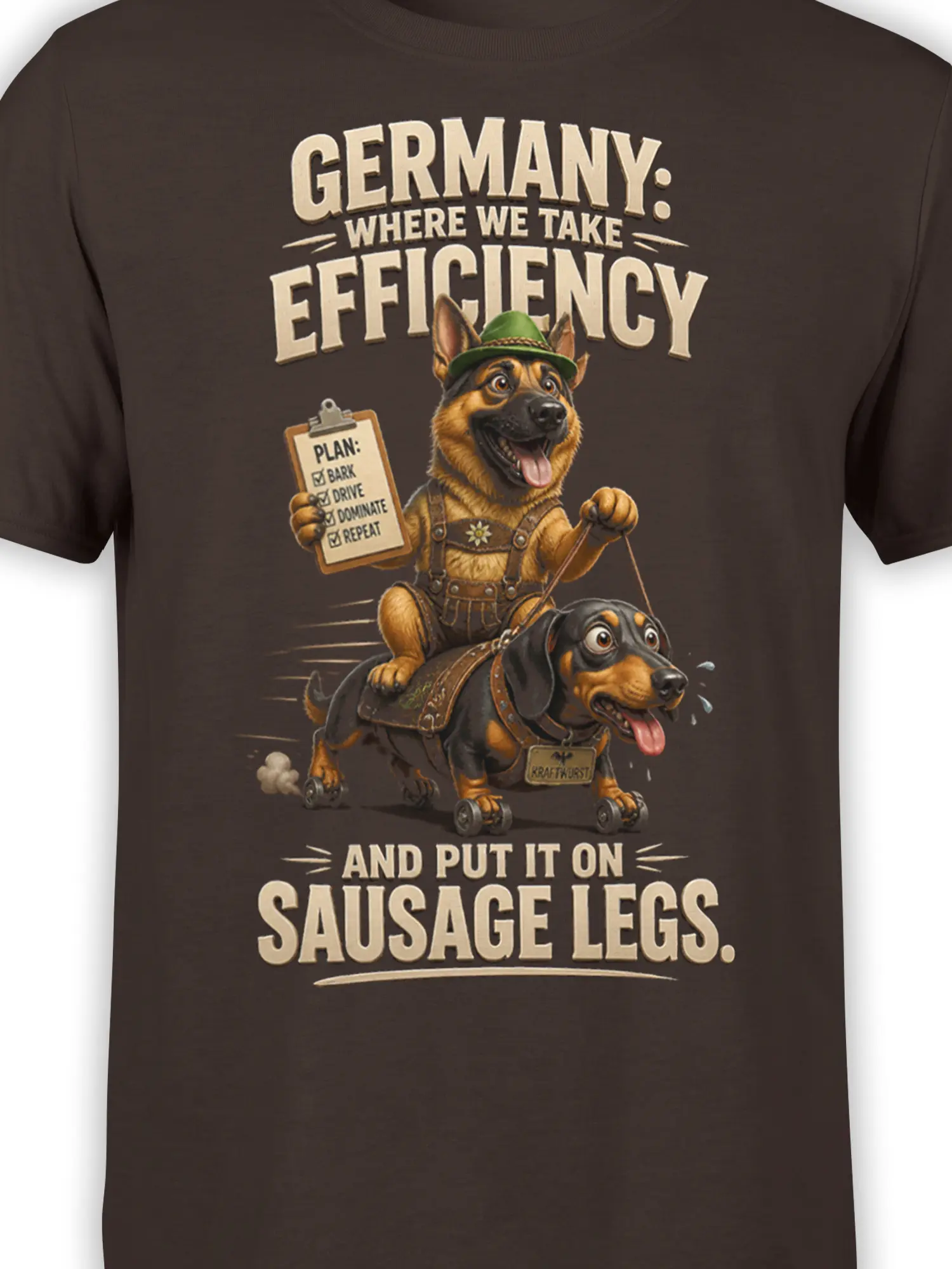 Close-up of the brown dog graphic showing a hat-wearing shepherd, wheeled dachshund, clipboard, and vintage text