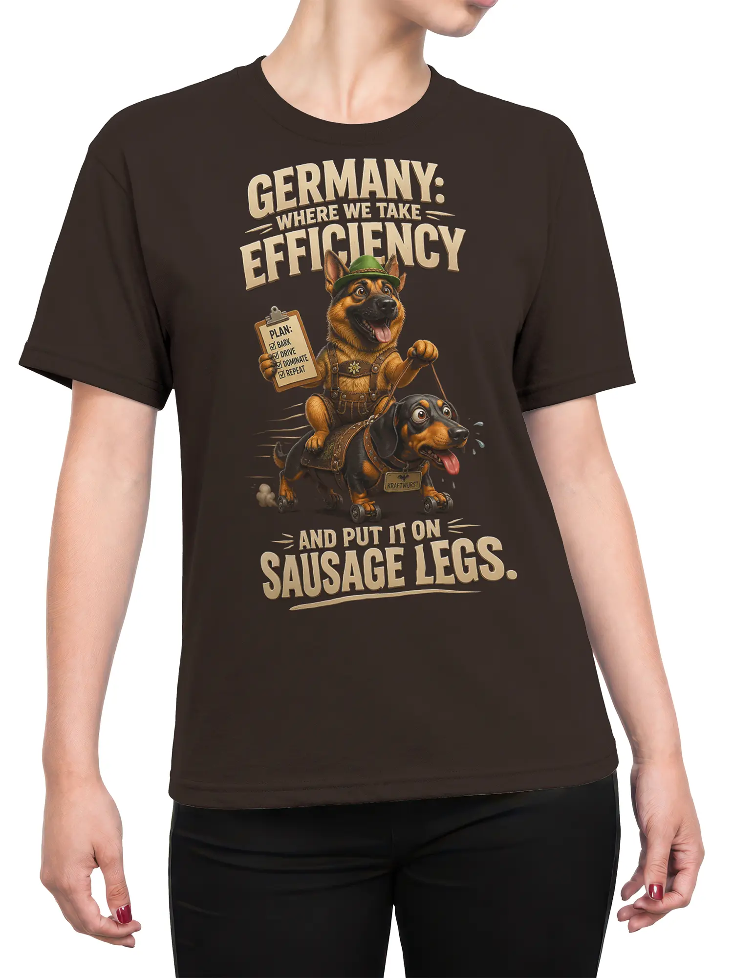 Female torso wearing a brown dog T-shirt with a German shepherd, wheeled dachshund, and sausage legs design