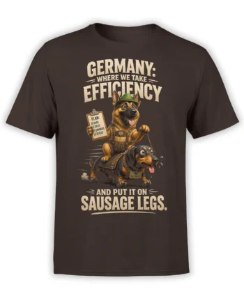 Brown dog T-shirt with a green-hat German shepherd riding a wheeled dachshund and funny Germany text