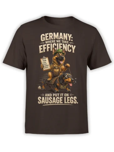 Brown dog T-shirt with a green-hat German shepherd riding a wheeled dachshund and funny Germany text