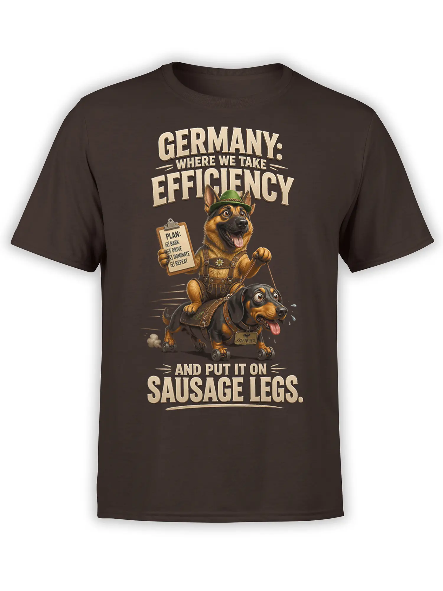 Brown dog T-shirt with a green-hat German shepherd riding a wheeled dachshund and funny Germany text