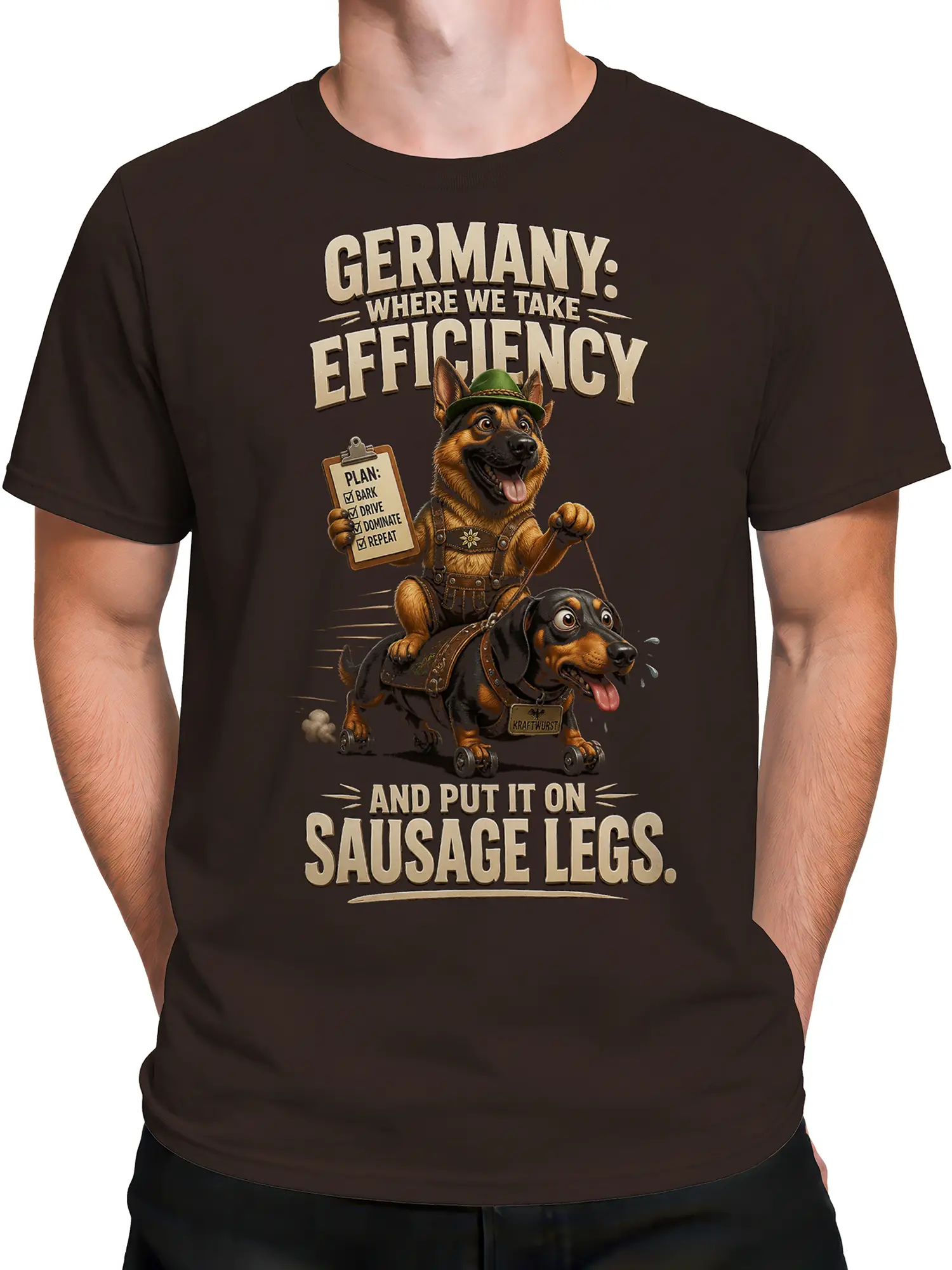 Male torso wearing a brown dog T-shirt with humorous Germany lettering and wheeled dachshund artwork