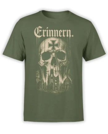 Green T-shirt with a weathered skull, cross symbol, Gothic “Erinnern” text, and cathedral artwork