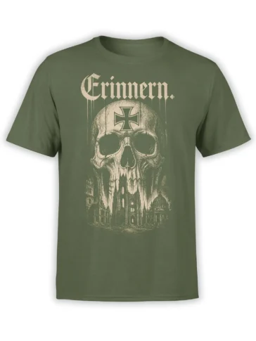 Green T-shirt with a weathered skull, cross symbol, Gothic “Erinnern” text, and cathedral artwork