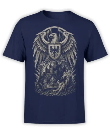 Front view of navy T-shirt with a vintage heraldic eagle, shield, castle, crown, and medieval landscape print