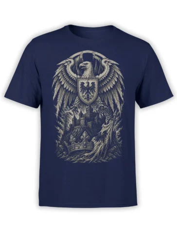 Front view of navy T-shirt with a vintage heraldic eagle, shield, castle, crown, and medieval landscape print