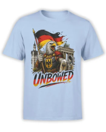 Armored eagle warrior with spear and shield, German colors, and UNBOWED lettering on a light blue T-shirt