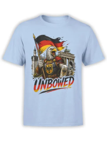 Armored eagle warrior with spear and shield, German colors, and UNBOWED lettering on a light blue T-shirt