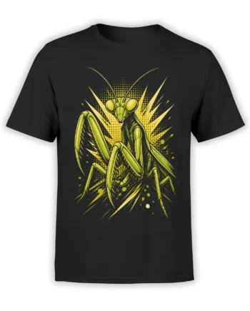 Black T-shirt featuring a neon green and yellow praying mantis with sharp comic-style rays