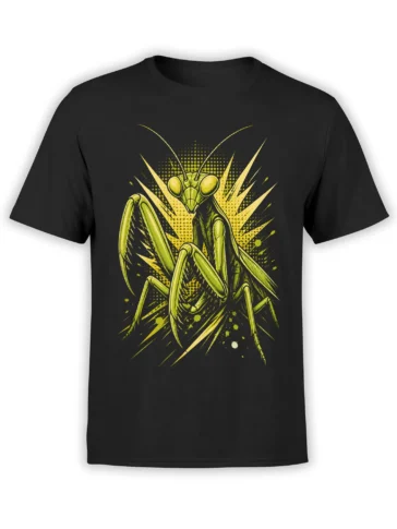 Black T-shirt featuring a neon green and yellow praying mantis with sharp comic-style rays