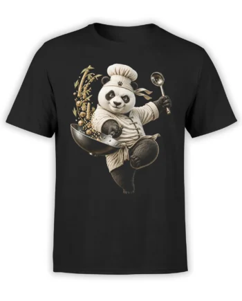 Black T-shirt with a martial arts panda chef holding a wok and spoon beside bamboo