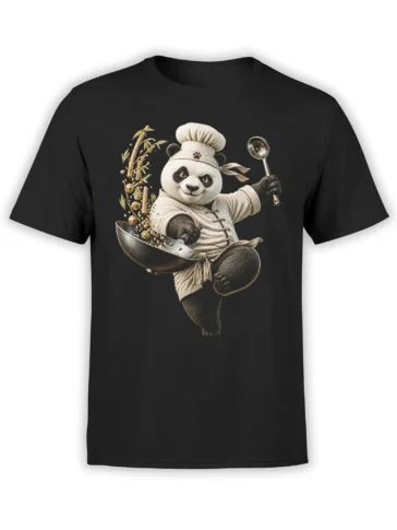 Black T-shirt with a martial arts panda chef holding a wok and spoon beside bamboo