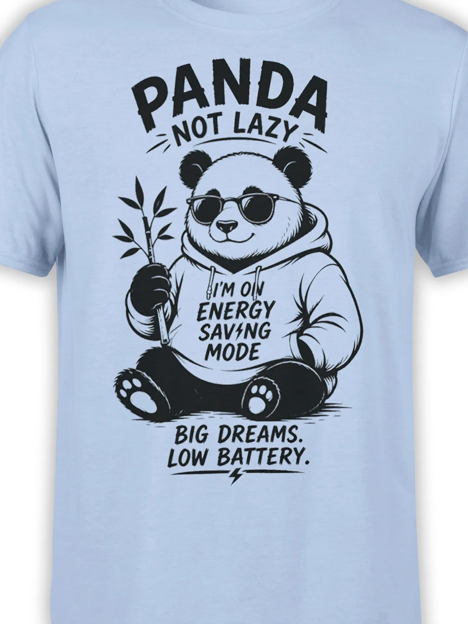 Close-up of relaxed panda in sunglasses holding bamboo on a light blue graphic tee