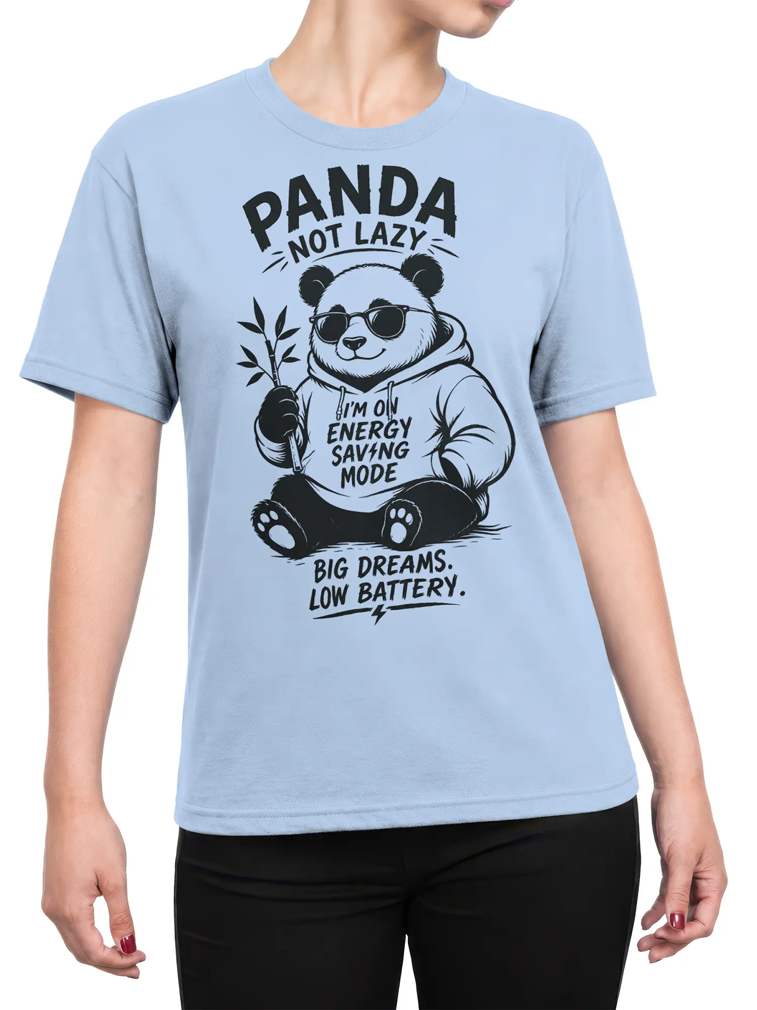 Female torso wearing a light blue panda t-shirt with sunglasses and low-battery humor