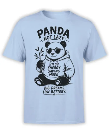 Light blue panda t-shirt with sunglasses, bamboo, and “Big Dreams. Low Battery.” text