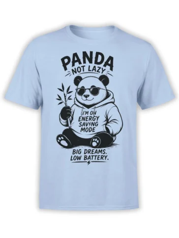 Light blue panda t-shirt with sunglasses, bamboo, and “Big Dreams. Low Battery.” text
