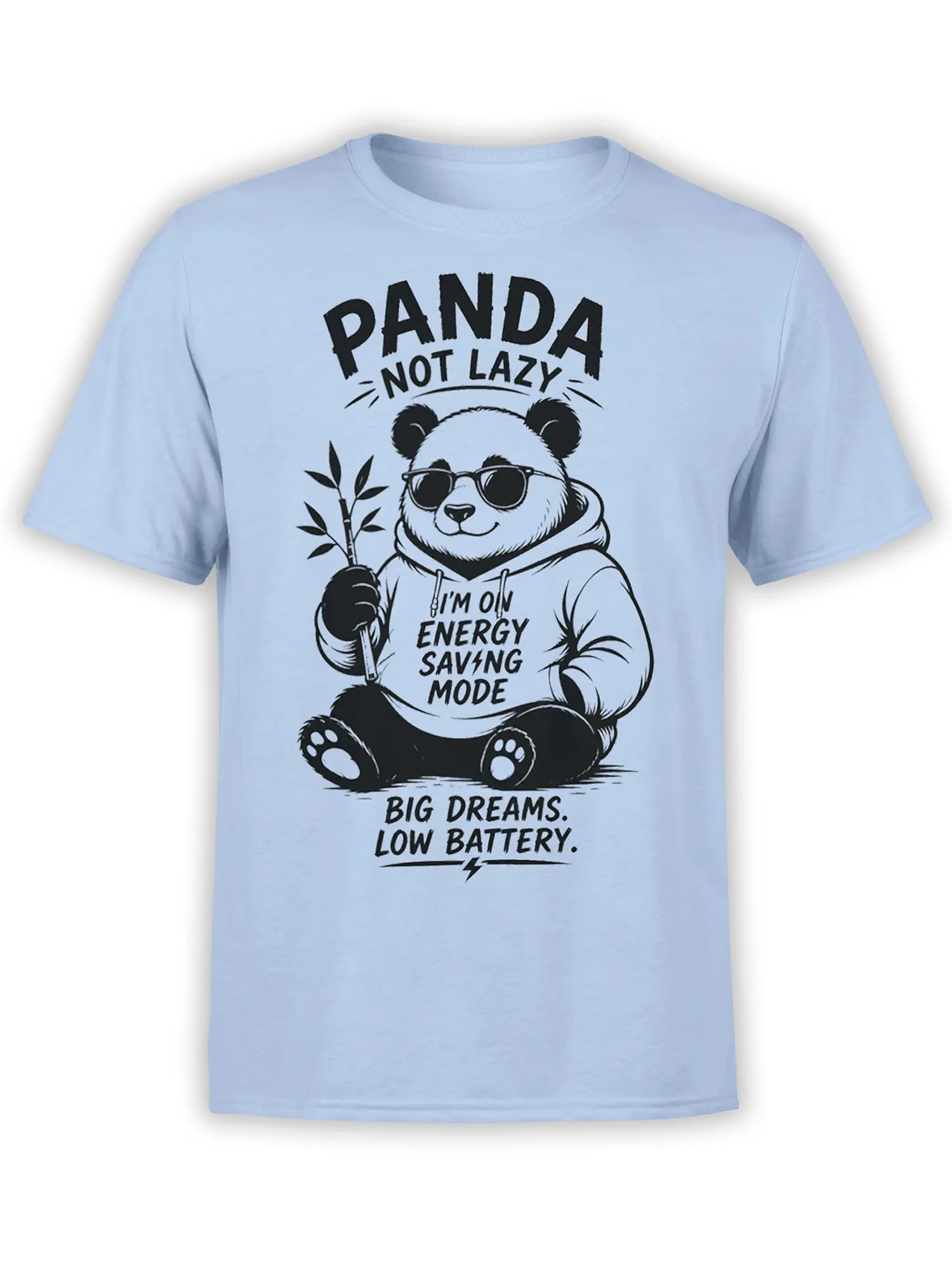 Light blue panda t-shirt with sunglasses, bamboo, and “Big Dreams. Low Battery.” text