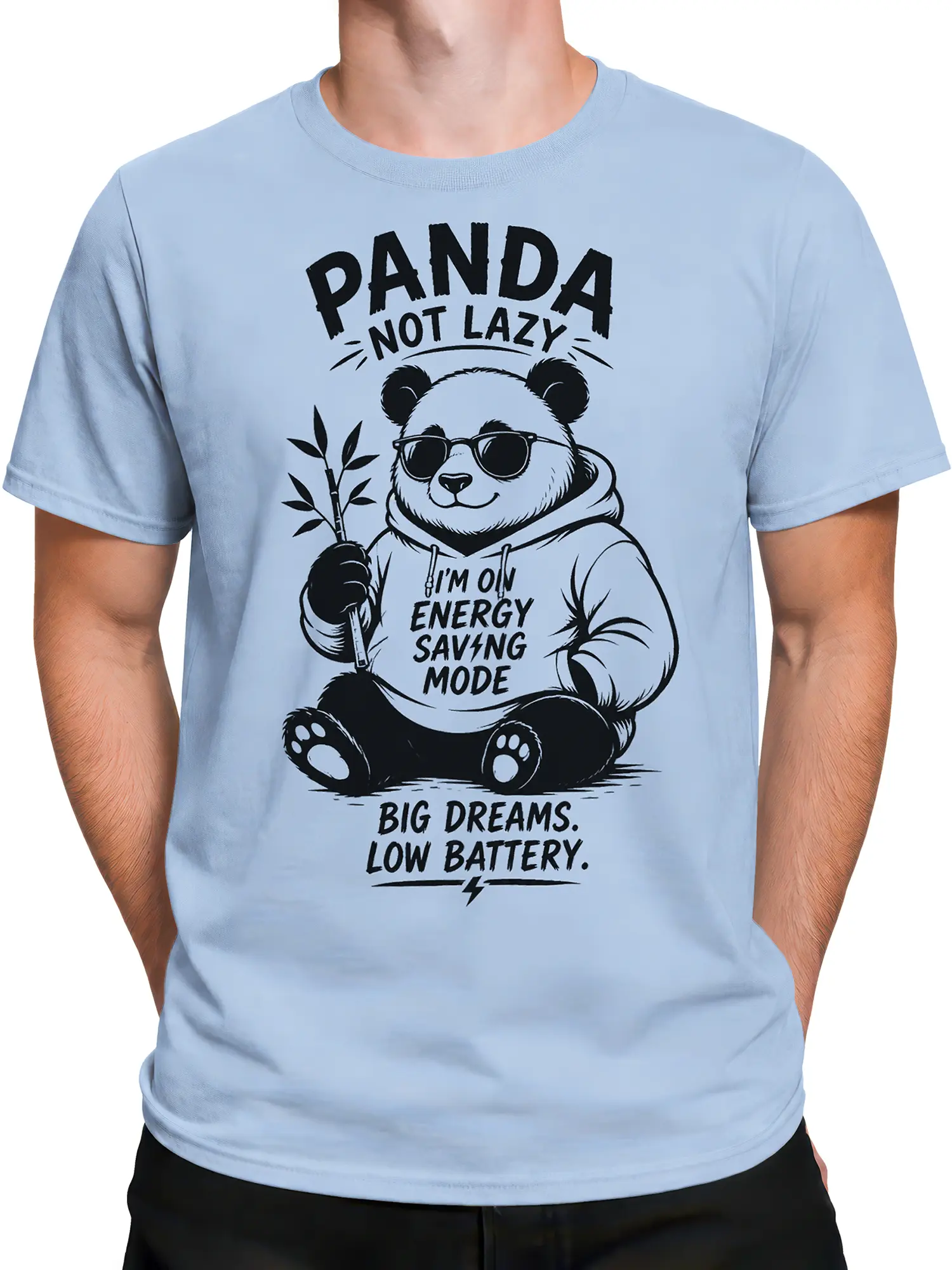 Male torso wearing a light blue panda t-shirt with bamboo and big dreams text