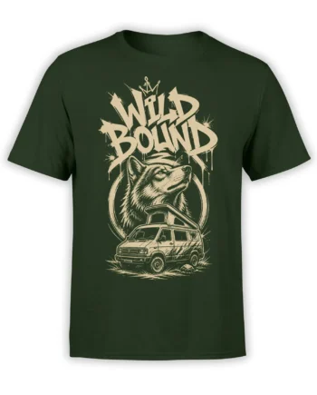 Green T-shirt with vintage wolf, rugged off-road van, and crowned WILD POINT artwork