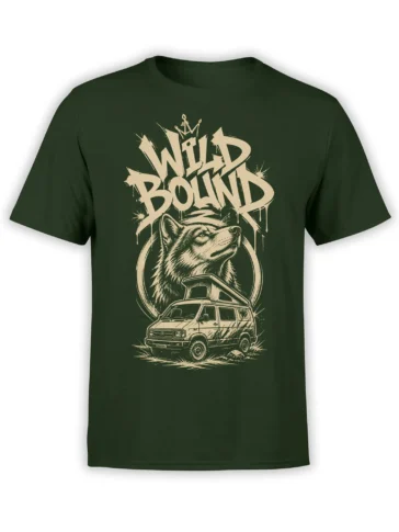 Green T-shirt with vintage wolf, rugged off-road van, and crowned WILD POINT artwork