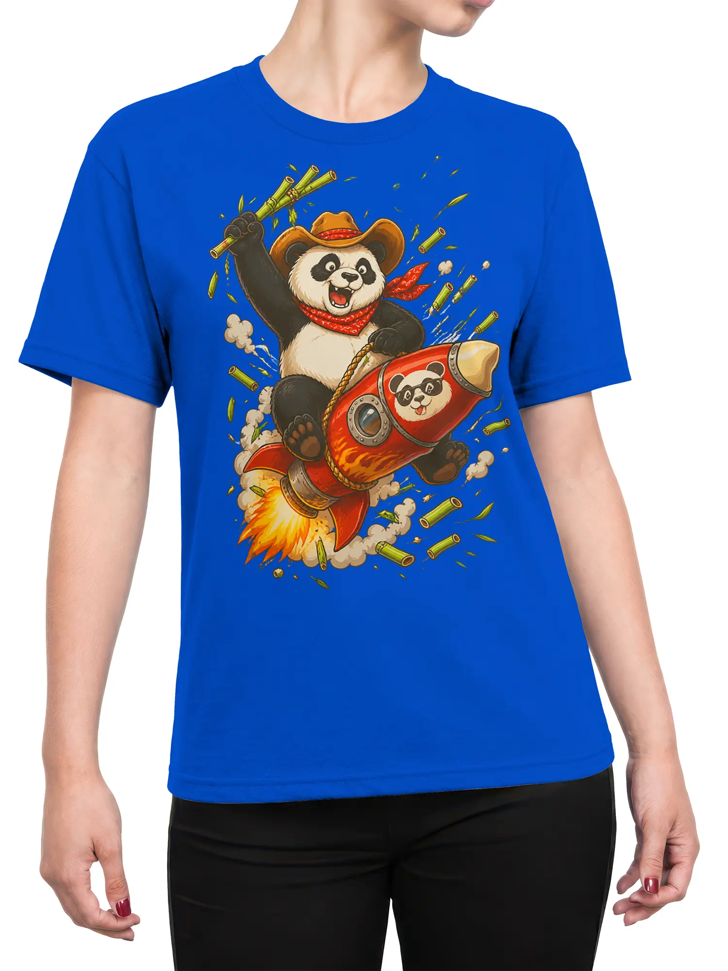 Female torso wearing a blue panda T-shirt with a cowboy panda riding a red rocket through space
