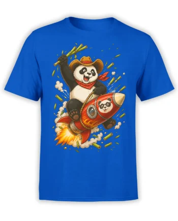 Blue T-shirt featuring a cowboy panda riding a red rocket with a goggle-wearing panda sidekick