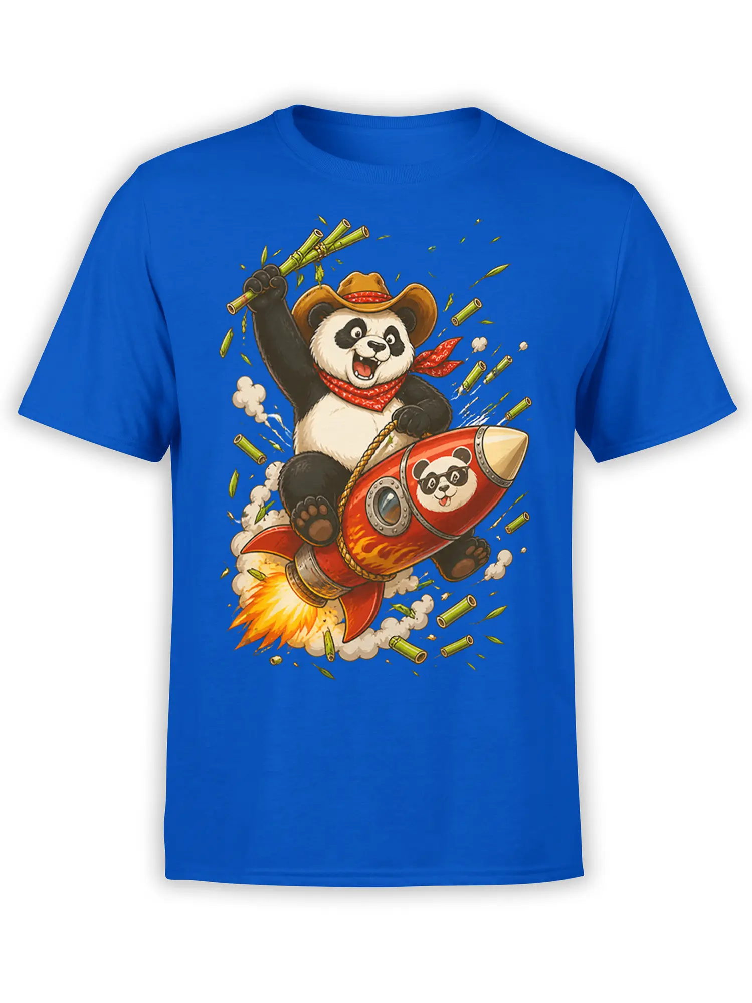 Blue T-shirt featuring a cowboy panda riding a red rocket with a goggle-wearing panda sidekick