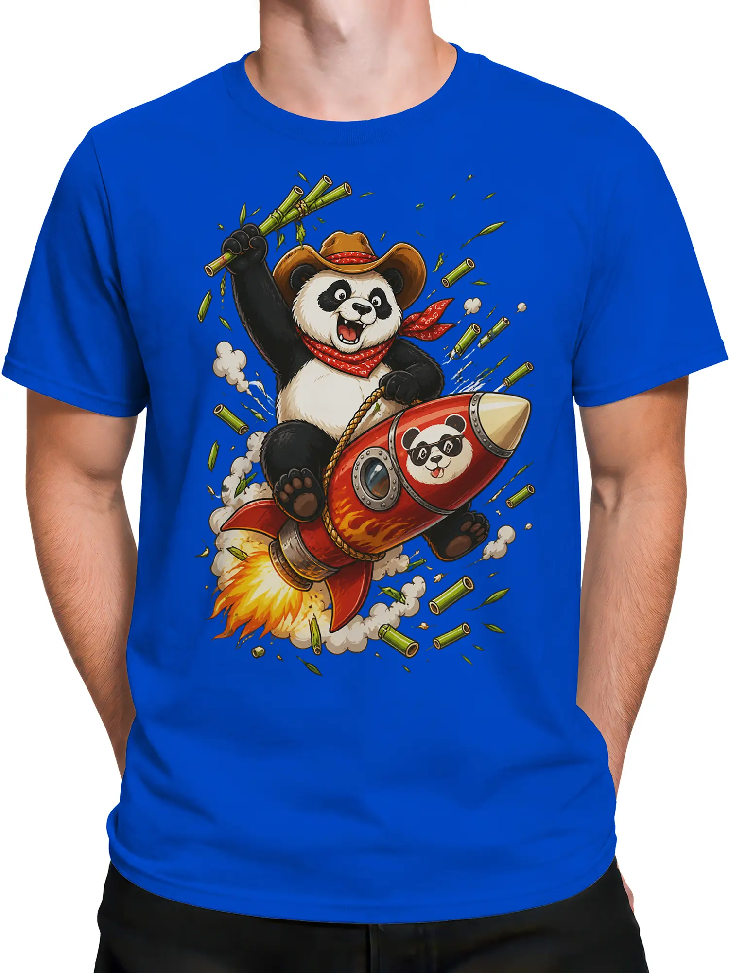 Male torso wearing a blue T-shirt with a cowboy panda, red rocket, flames, and goggle-wearing sidekick
