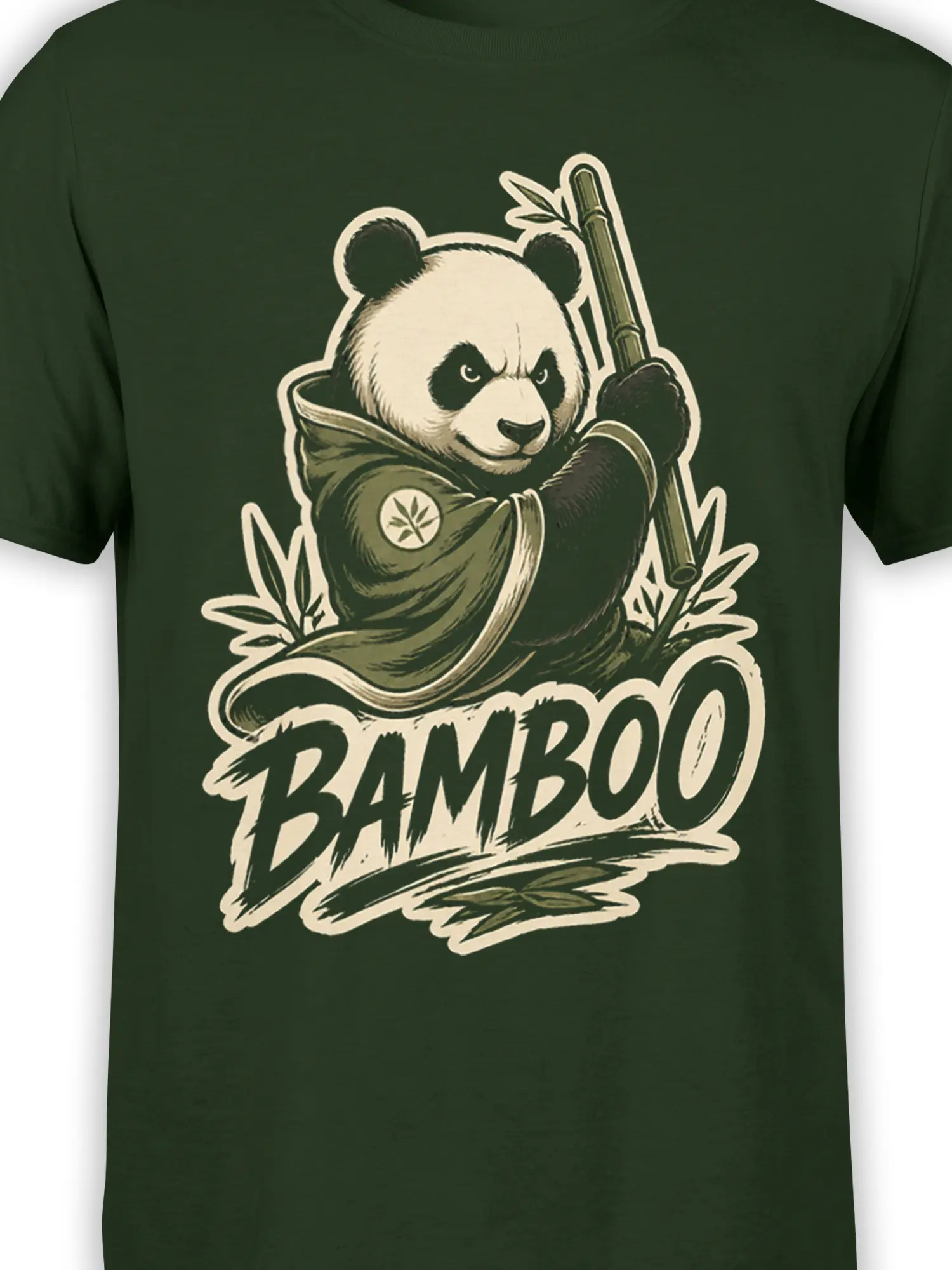 Close-up of robed panda, bamboo staff, leafy details, and BAMBOO lettering on a dark green T-shirt