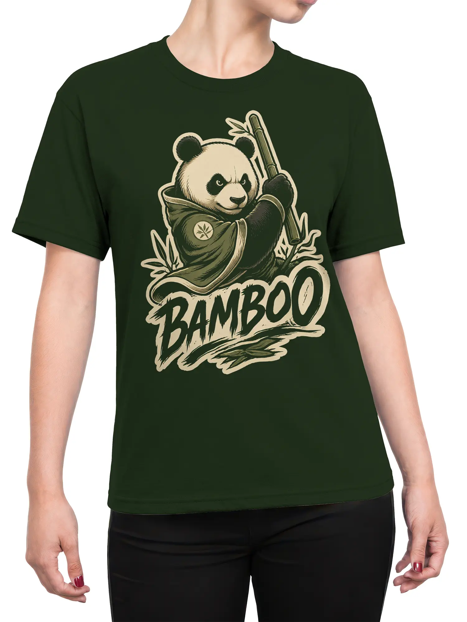Female torso wearing a dark green panda T-shirt with bamboo staff artwork and bold BAMBOO lettering