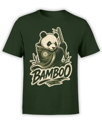 Serious panda in a robe holding a bamboo staff with bold BAMBOO lettering on a dark green T-shirt