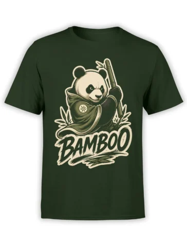 Serious panda in a robe holding a bamboo staff with bold BAMBOO lettering on a dark green T-shirt