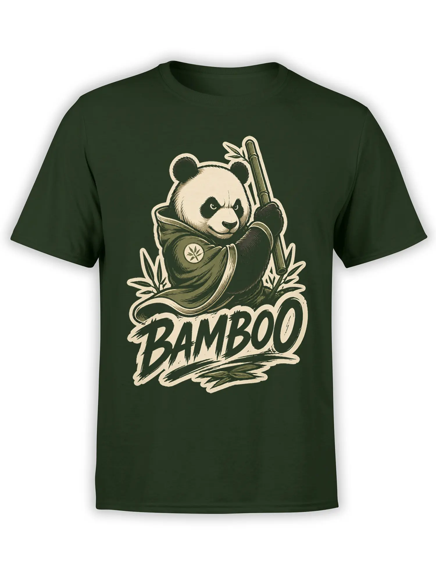 Serious panda in a robe holding a bamboo staff with bold BAMBOO lettering on a dark green T-shirt