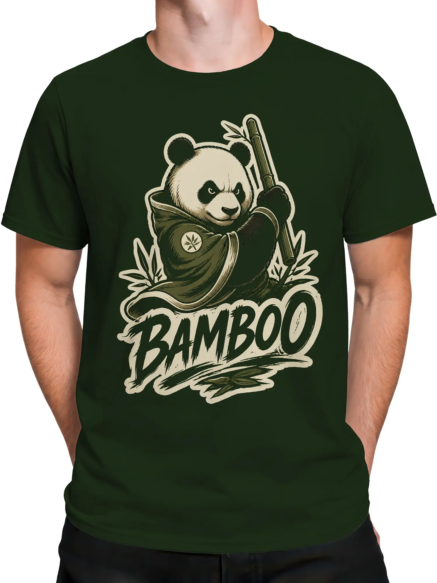 Male torso wearing a dark green panda T-shirt with bamboo staff artwork and bold BAMBOO lettering