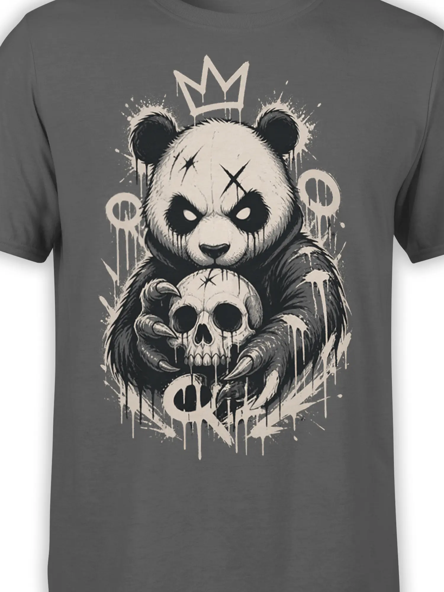 Close-up of crowned panda and skull artwork on a gray T-shirt with dripping details