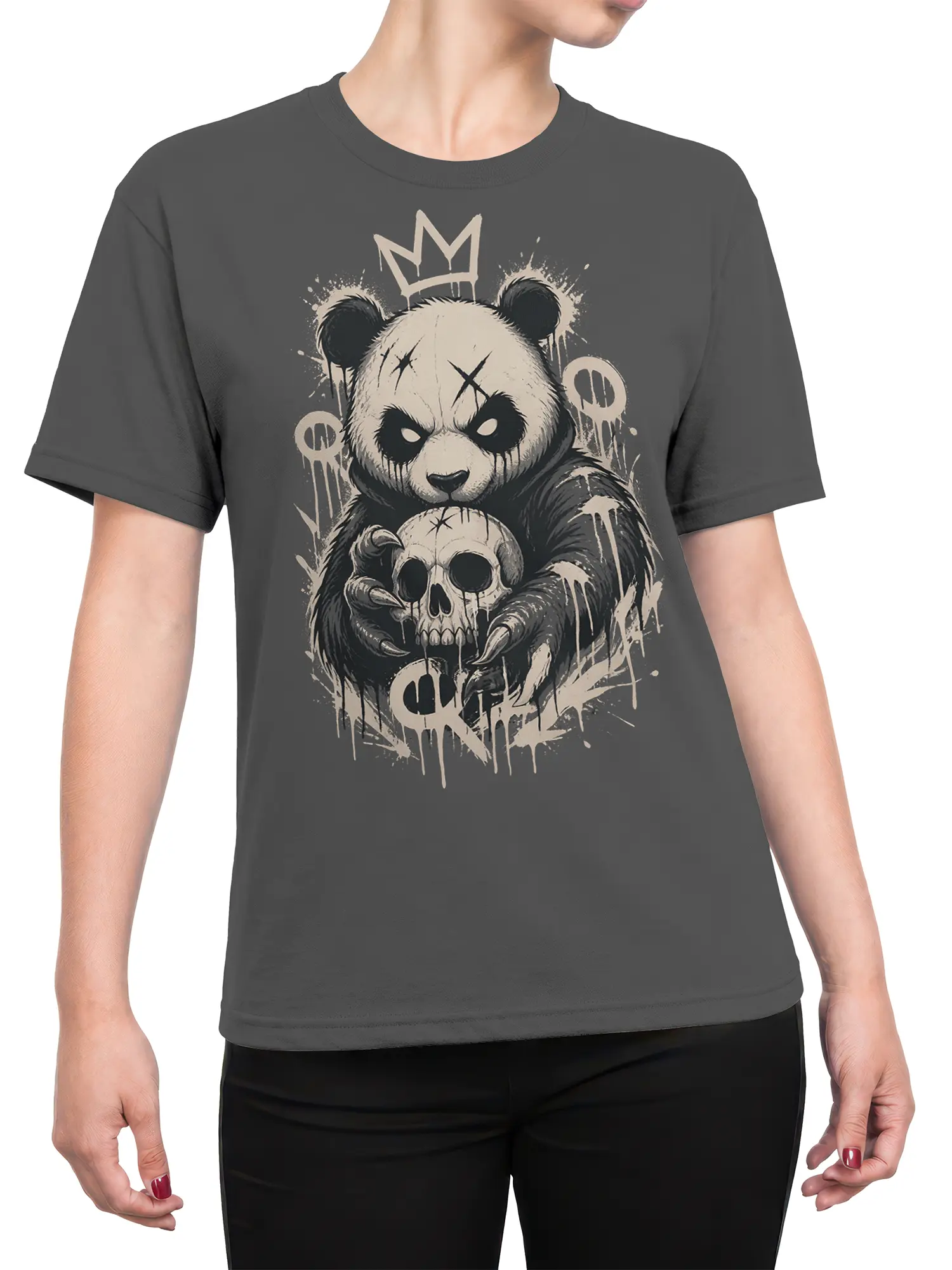 Female torso wearing a gray crowned panda skull T-shirt with dark gothic artwork