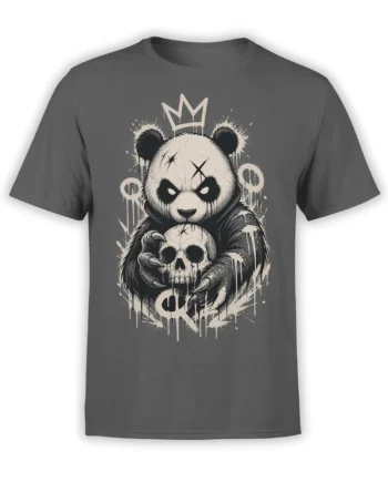 Gray T-shirt with a crowned panda holding a skull in dark dripping monochrome artwork