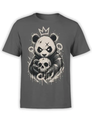 Gray T-shirt with a crowned panda holding a skull in dark dripping monochrome artwork