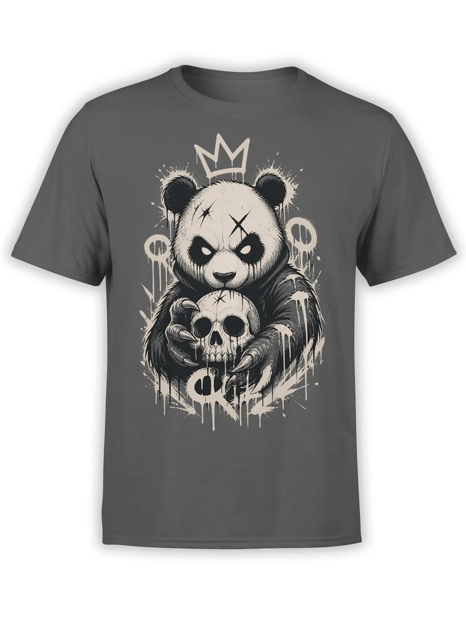Gray T-shirt with a crowned panda holding a skull in dark dripping monochrome artwork