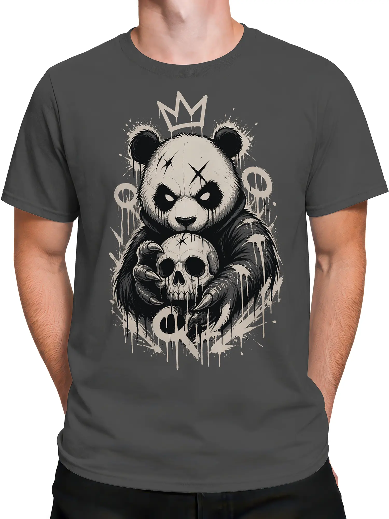 Male torso wearing a gray crowned panda skull T-shirt with dripping artwork