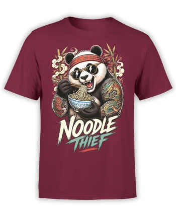 Tattooed panda in sunglasses eating noodles on a burgundy T-shirt with “Noodle Thief” text