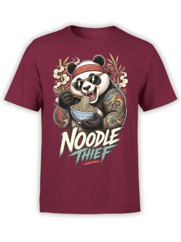 Tattooed panda in sunglasses eating noodles on a burgundy T-shirt with “Noodle Thief” text