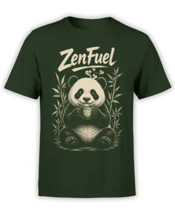 Peaceful panda holding a cup among bamboo with ZenFuel lettering on a green T-shirt